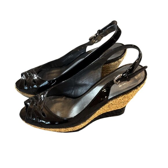 Stuart Weitzman Black Patent Leather Peep Toe Slingback Wedge Sandals Size 8M - Picture 9 of 9